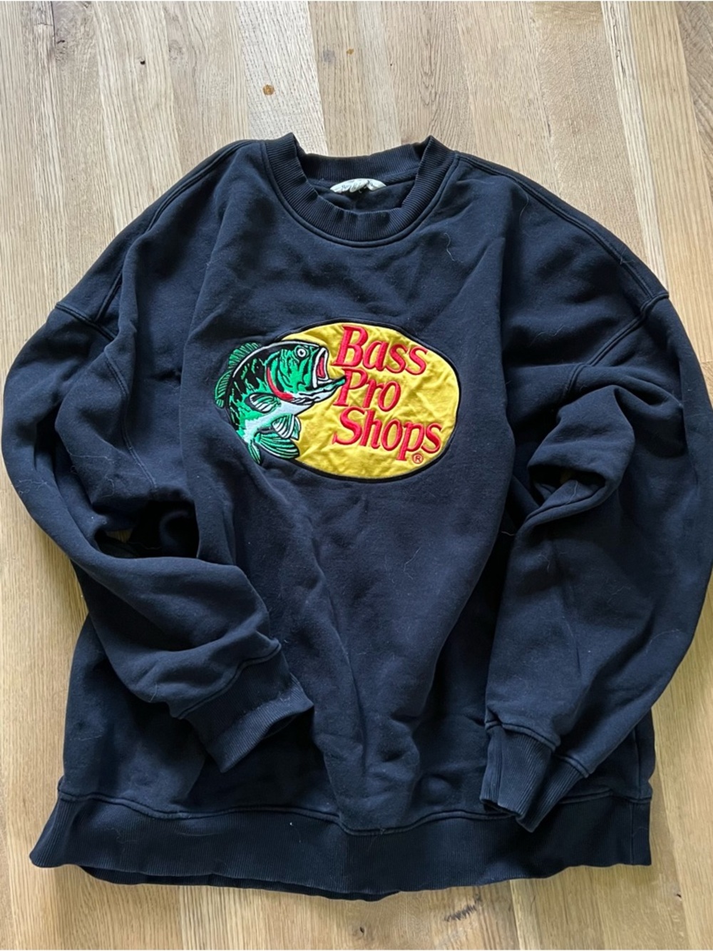 Bass Pro Shops Black Crewneck Sweatshirt with Yellow Logo Patch